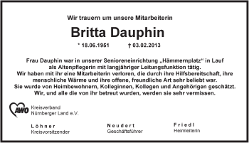 Traueranzeige von Britta Dauphin von Pegnitz-Zeitung